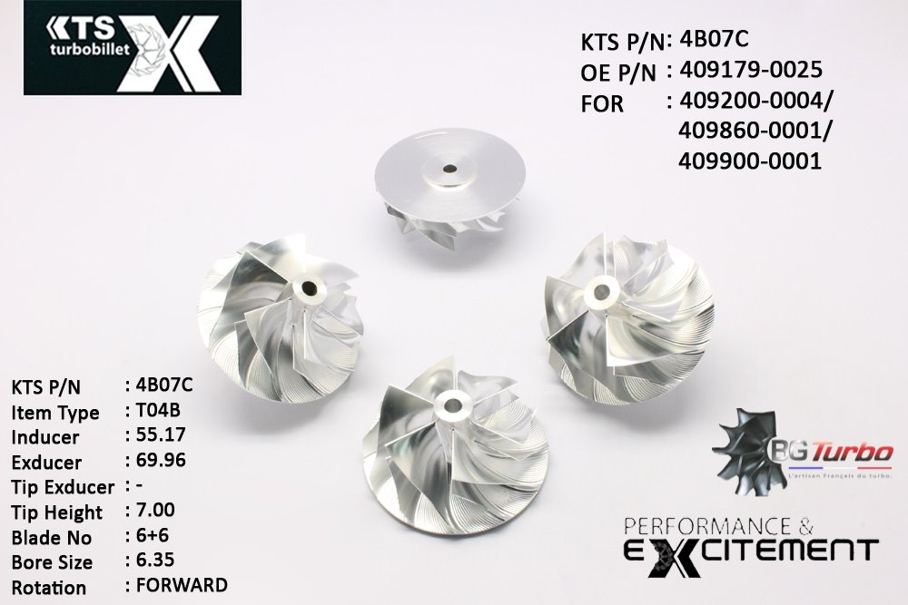 Turbo ROUE FORGÉE MFS PERFORMANCE - 6+6 PALES - INDUCER : 55,17 - EXDUCER : 69,96 - TYPE : T04BANGLE : 45° - ROTATION : Forward - SUPER BACK : 1,68 - BORE SIZE : 6,35
